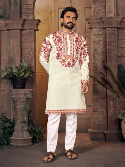 Cream Premium Silk With Multicoloured thread Neck Work Kurta Pajama 
