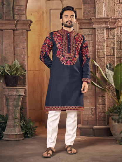 Blue Premium Silk With Multicoloured thread Neck Work Kurta Pajama 