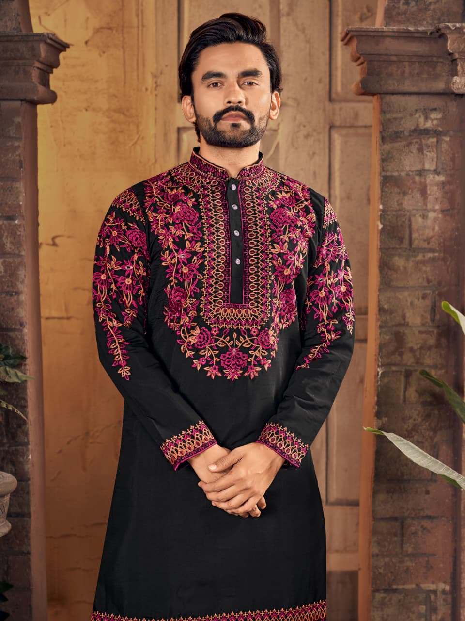 Black Premium Silk With Multicoloured thread Neck Work Kurta Pajama 