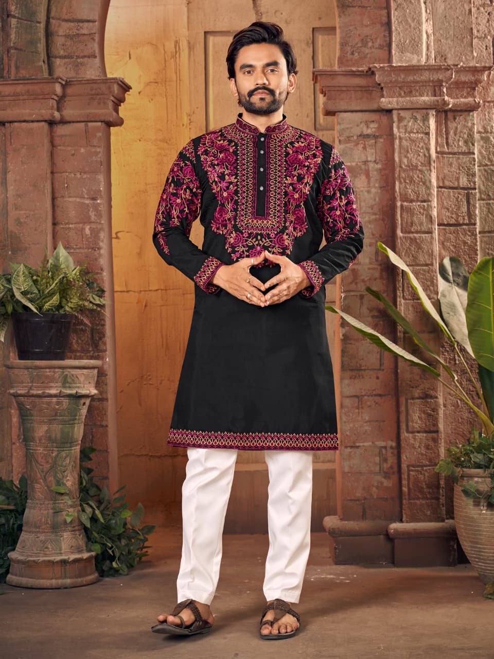 Black Premium Silk With Multicoloured thread Neck Work Kurta Pajama 