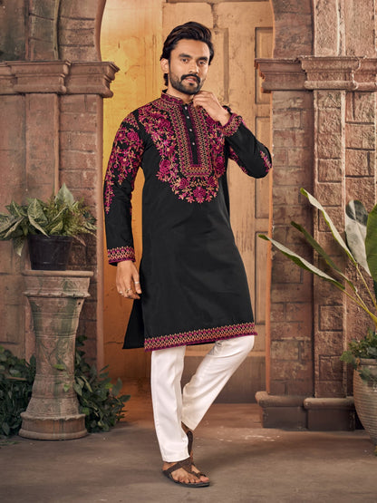 Black Premium Silk With Multicoloured thread Neck Work Kurta Pajama 