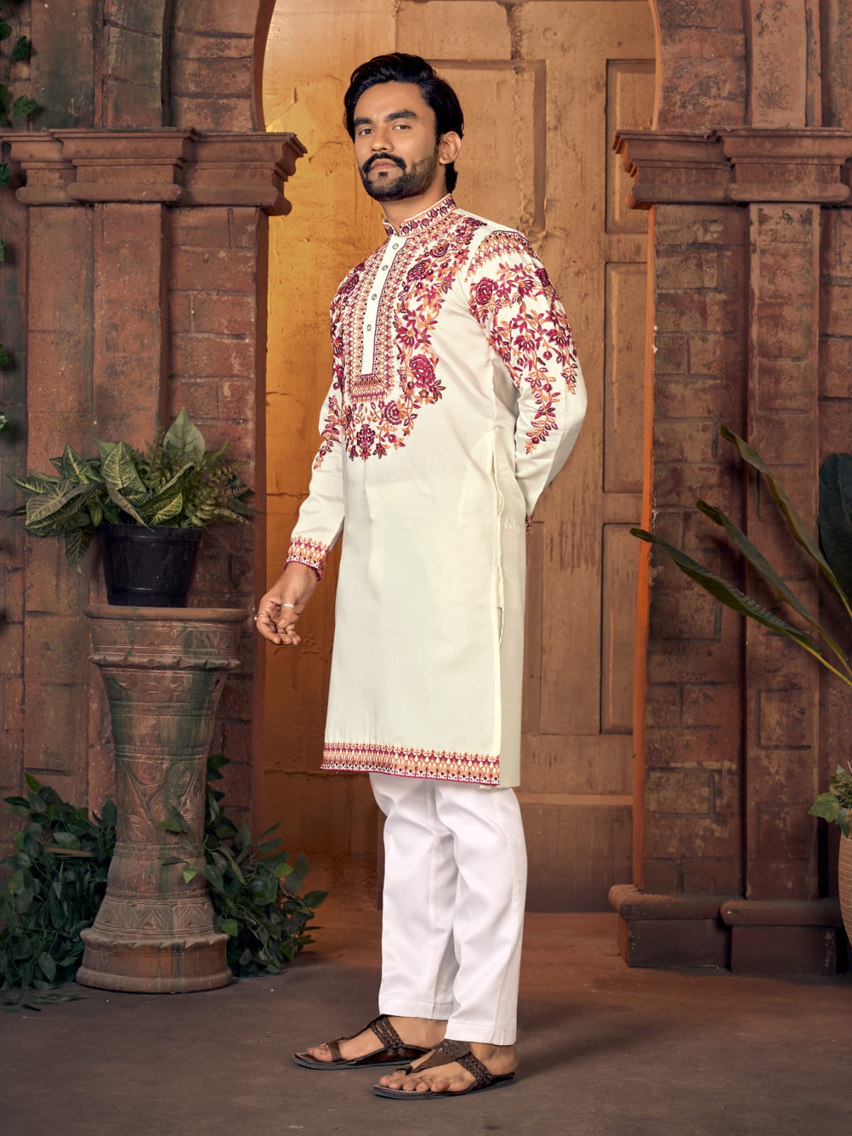 Cream Premium Silk With Multicoloured thread Neck Work Kurta Pajama 