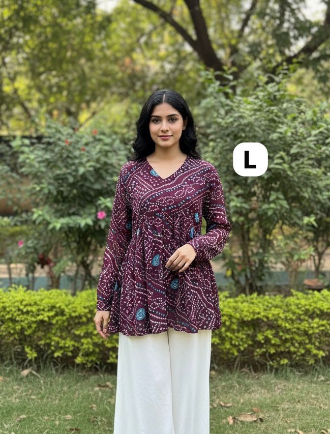 Wine Summer Special Pure Georgette Bandhej Print With Inner Long sleeve Top 