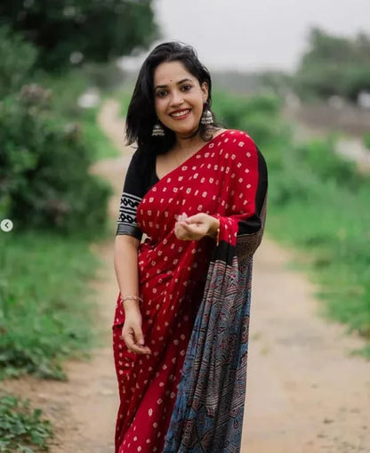 Red Pure Modal Gaji Silk Bandhani Ajrakh Print Langdi Patta Saree