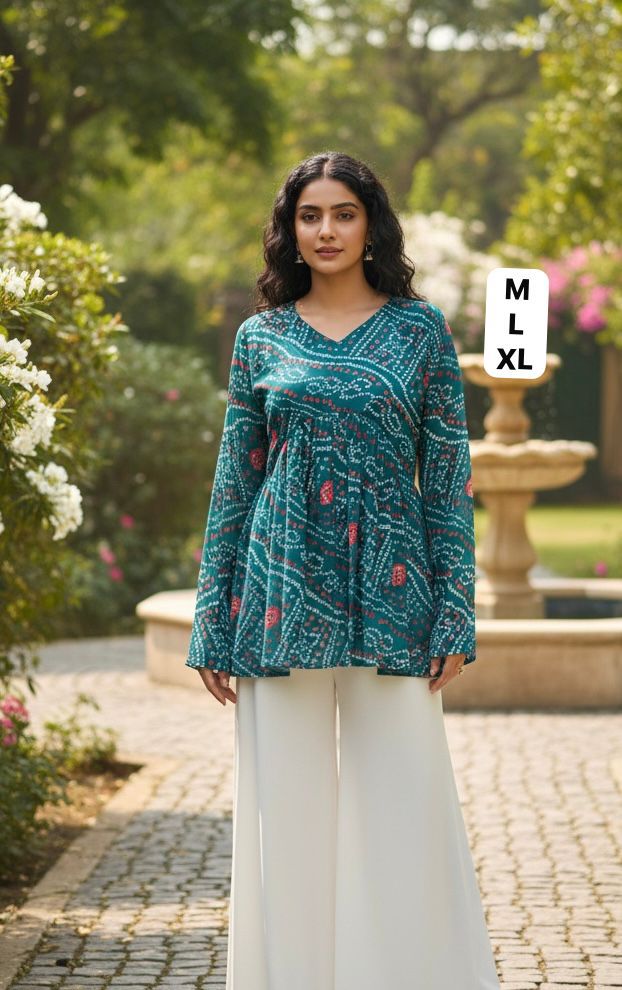 Rama Green Summer Special Pure Georgette Bandhej Print With Inner Long sleeve Top 