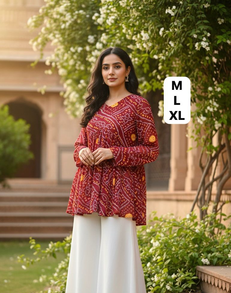 Red Summer Special Pure Georgette Bandhej Print With Inner Long sleeve Top 