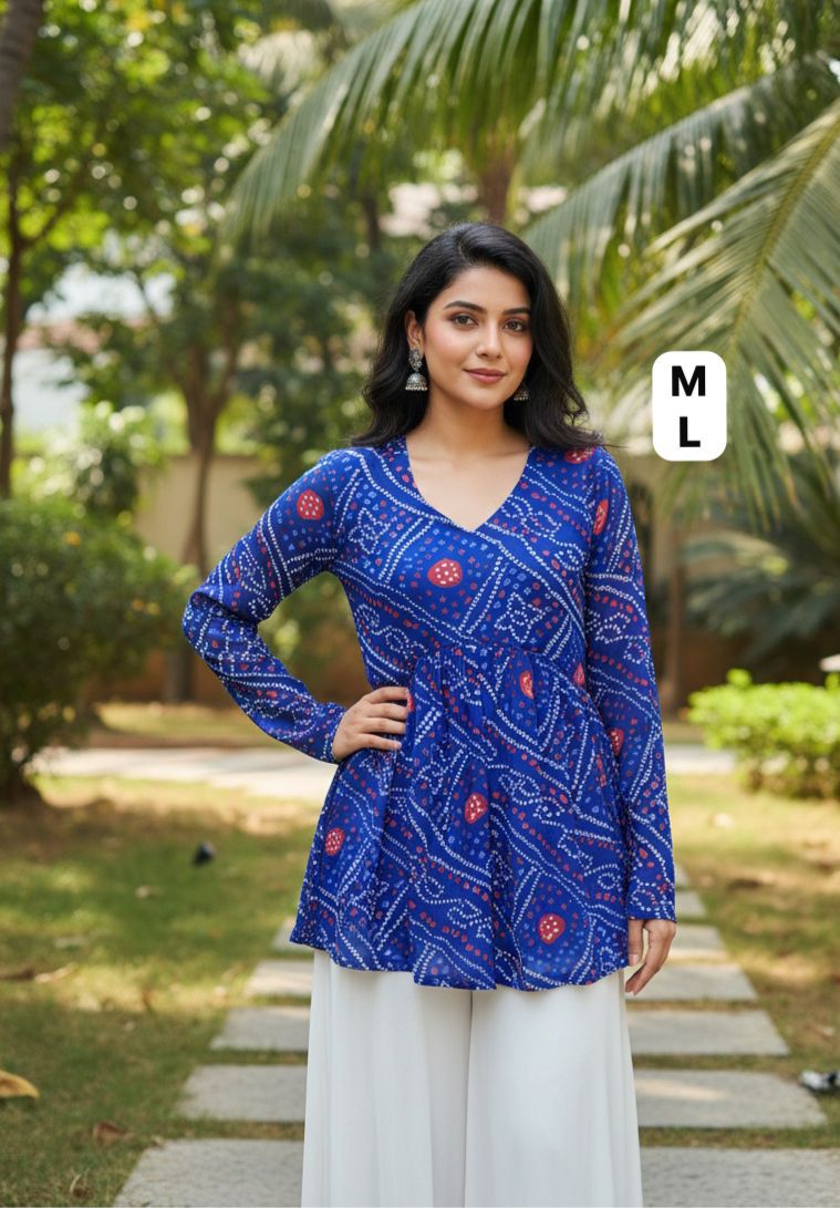 Blue Summer Special Pure Georgette Bandhej Print With Inner Long sleeve Top 
