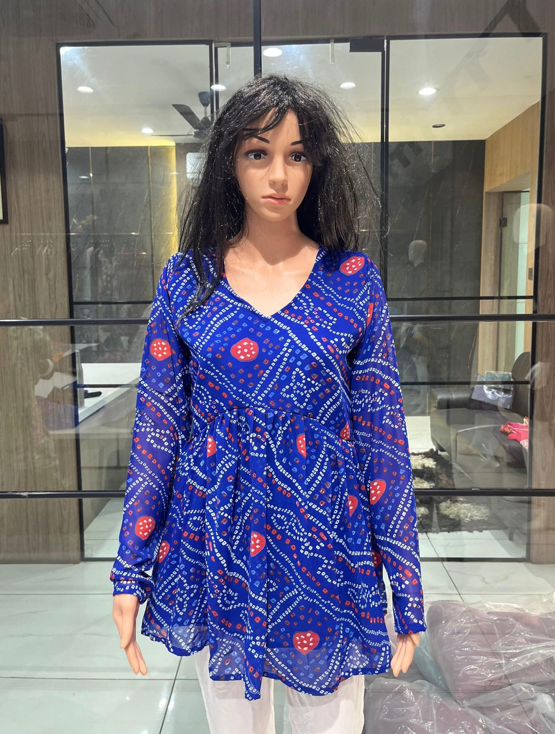 Blue Summer Special Pure Georgette Bandhej Print With Inner Long sleeve Top 