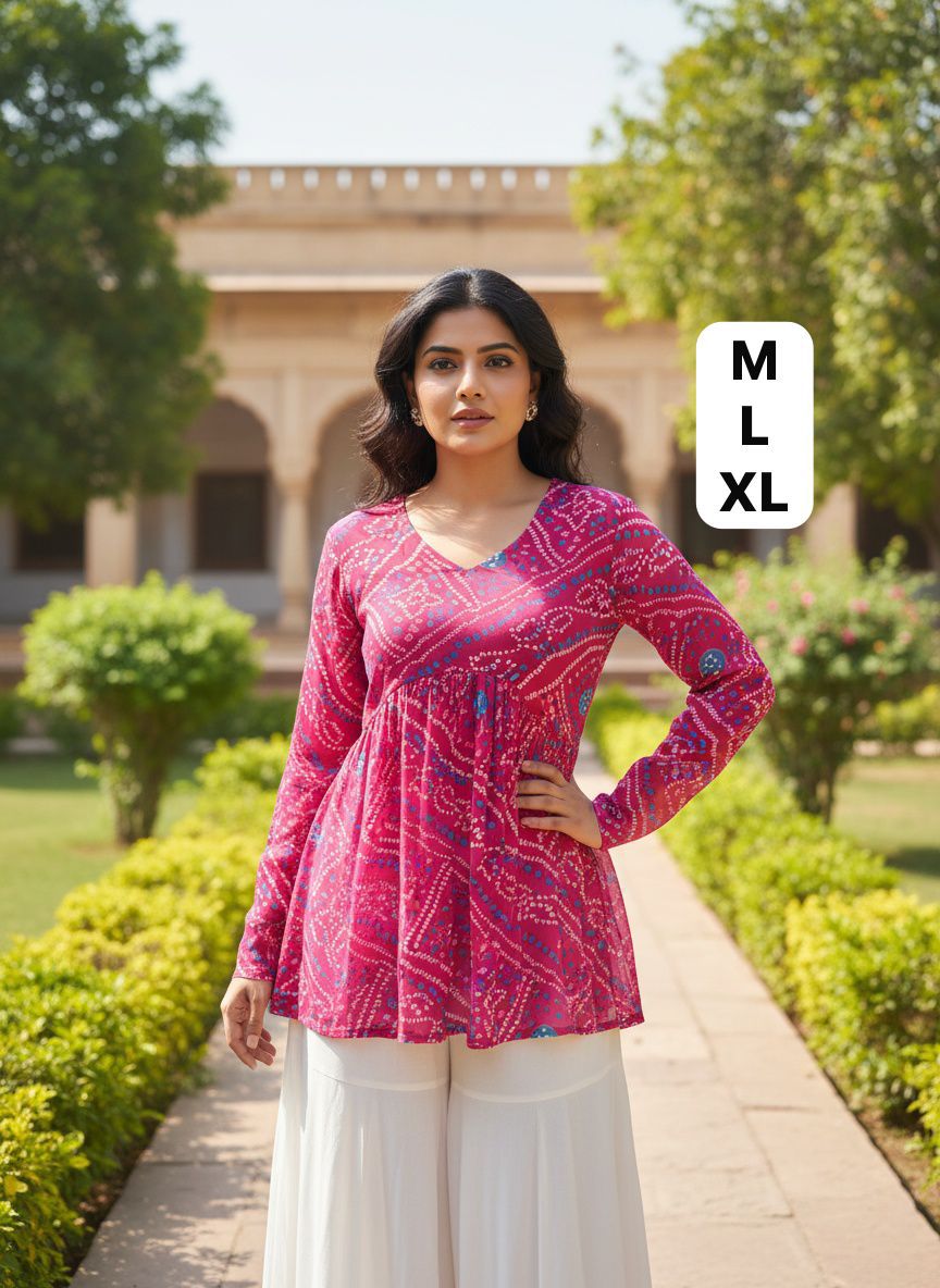 Pink Summer Special Pure Georgette Bandhej Print With Inner Long sleeve Top 
