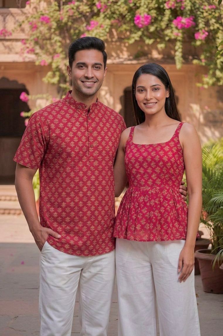 Red Pure Soft Cotton Printed Kurta &amp; Kurti Matching Both Couple Short Length Top