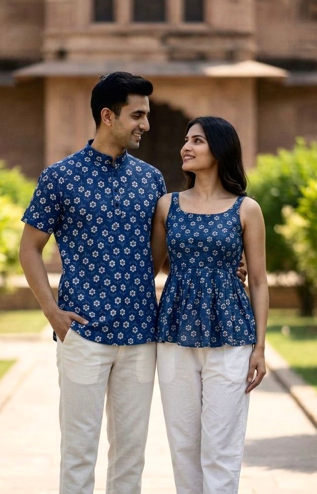Blue Pure Soft Cotton Printed Kurta &amp; Kurti Matching Both Couple Short Length Top