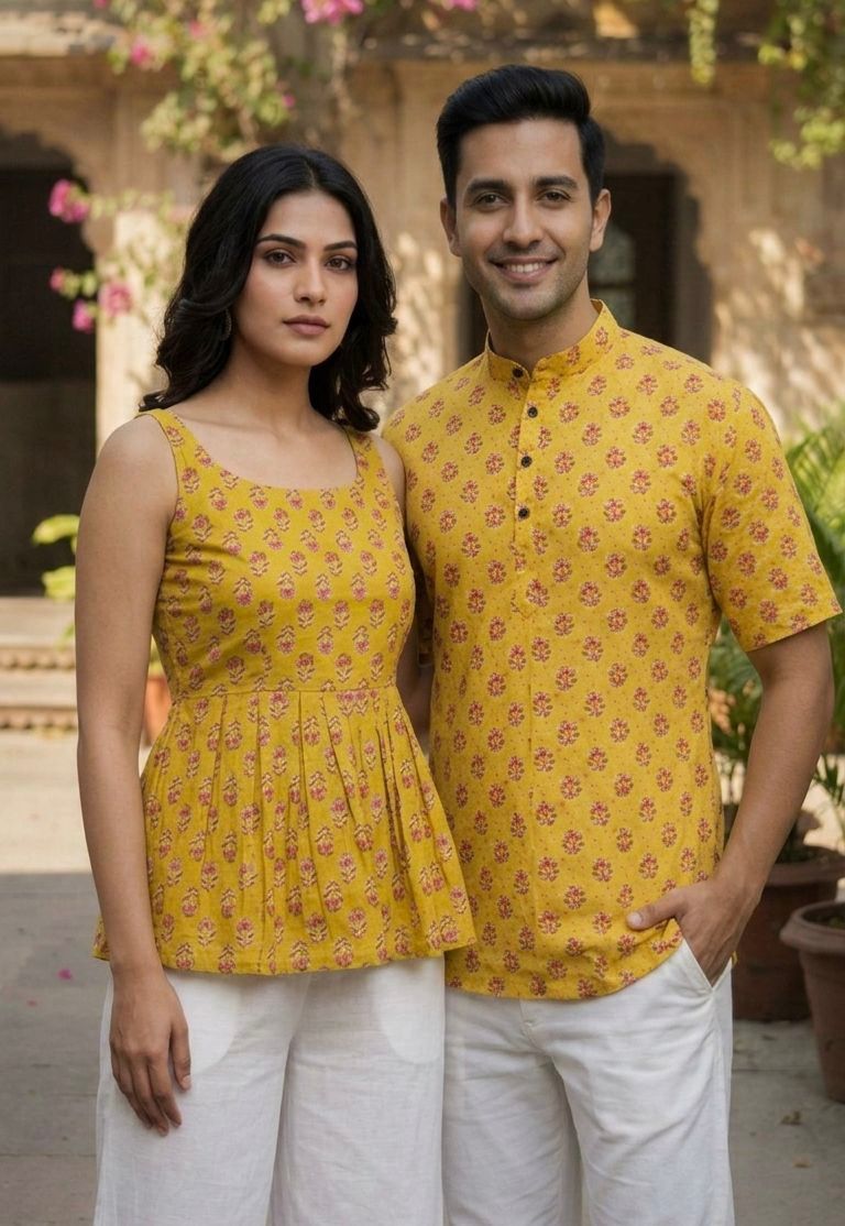 Yellow Pure Soft Cotton Printed Kurta &amp; Kurti Matching Both Couple Short Length Top