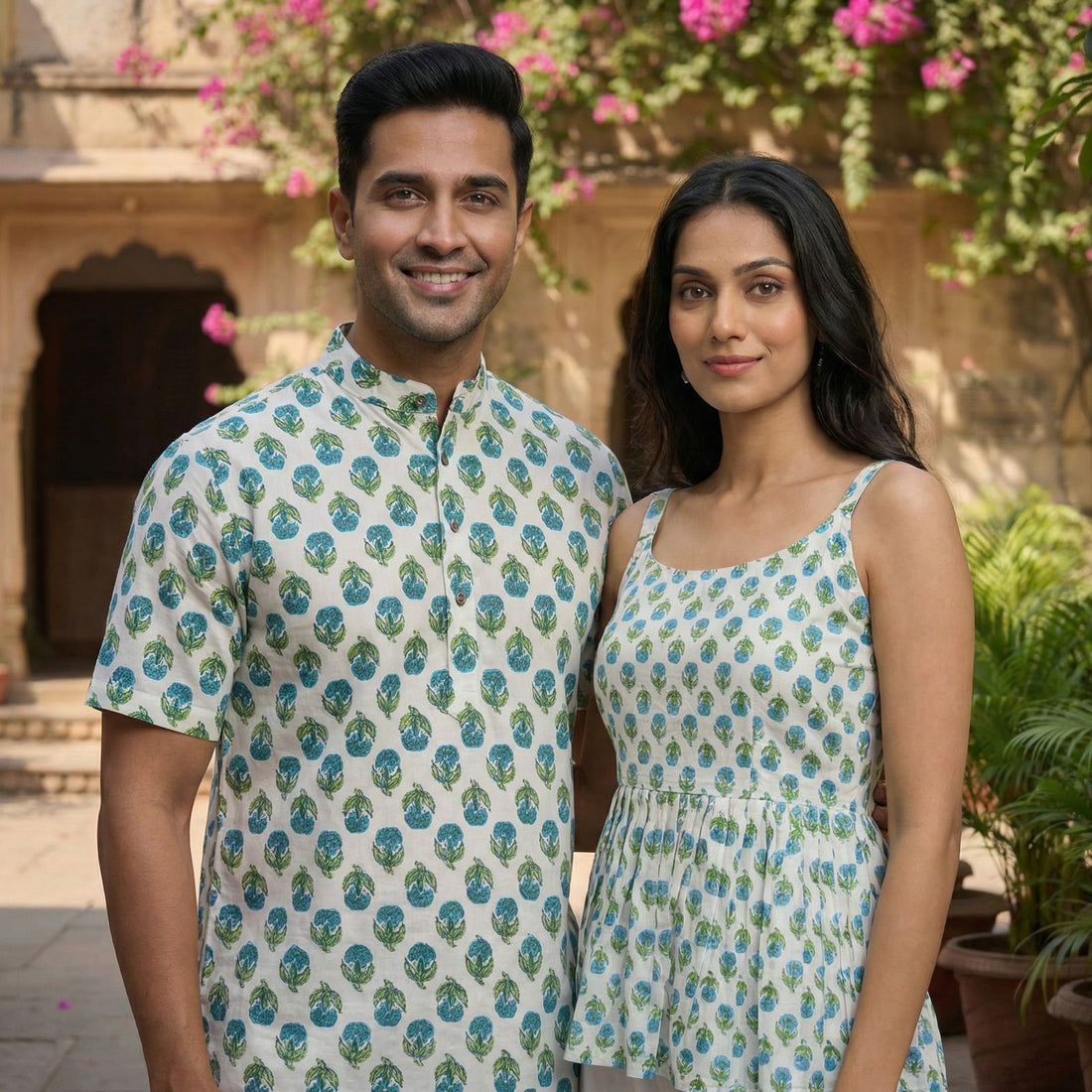 Green Pure Soft Cotton Printed Kurta &amp; Kurti Matching Both Couple Short Length Top