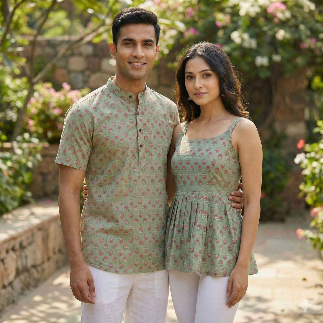 Sea Green Pure Soft Cotton Printed Kurta &amp; Kurti Matching Both Couple Short Length Top