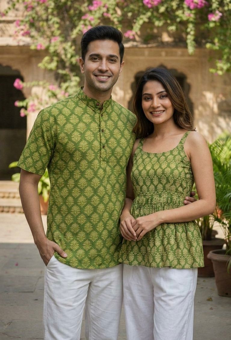 Green Pure Soft Cotton Printed Kurta &amp; Kurti Matching Both Couple Short Length Top