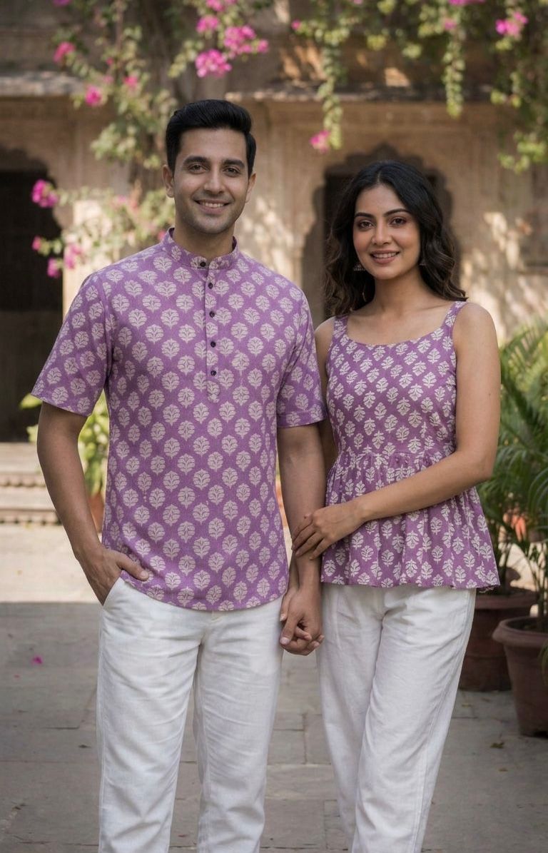 Purple Pure Soft Cotton Printed Kurta &amp; Kurti Matching Both Couple Short Length Top