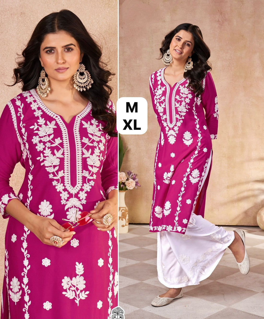 Pink Summer Special Pure Rayon Heavy Embroidery Work Long Kurti with Plazzo 