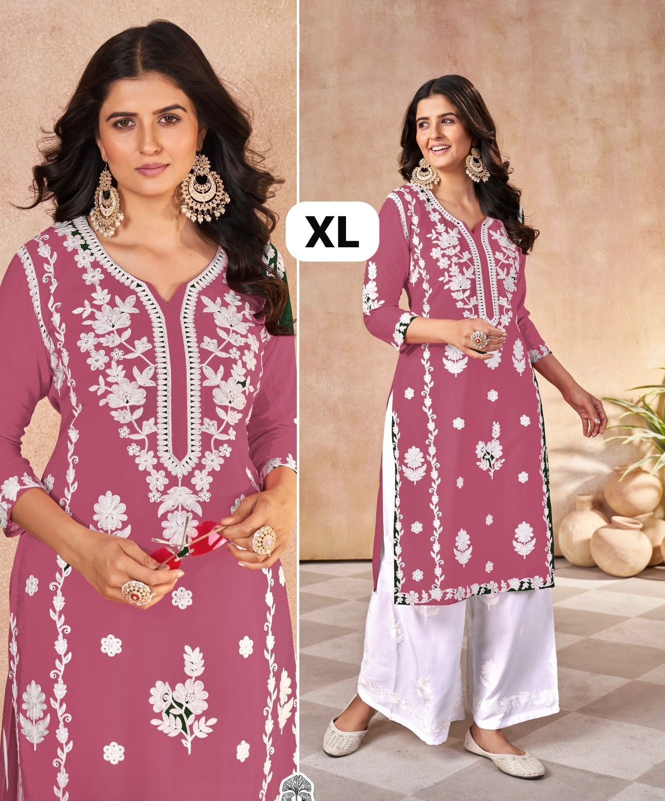 Mauve Summer Special Pure Rayon Heavy Embroidery Work Long Kurti with Plazzo 