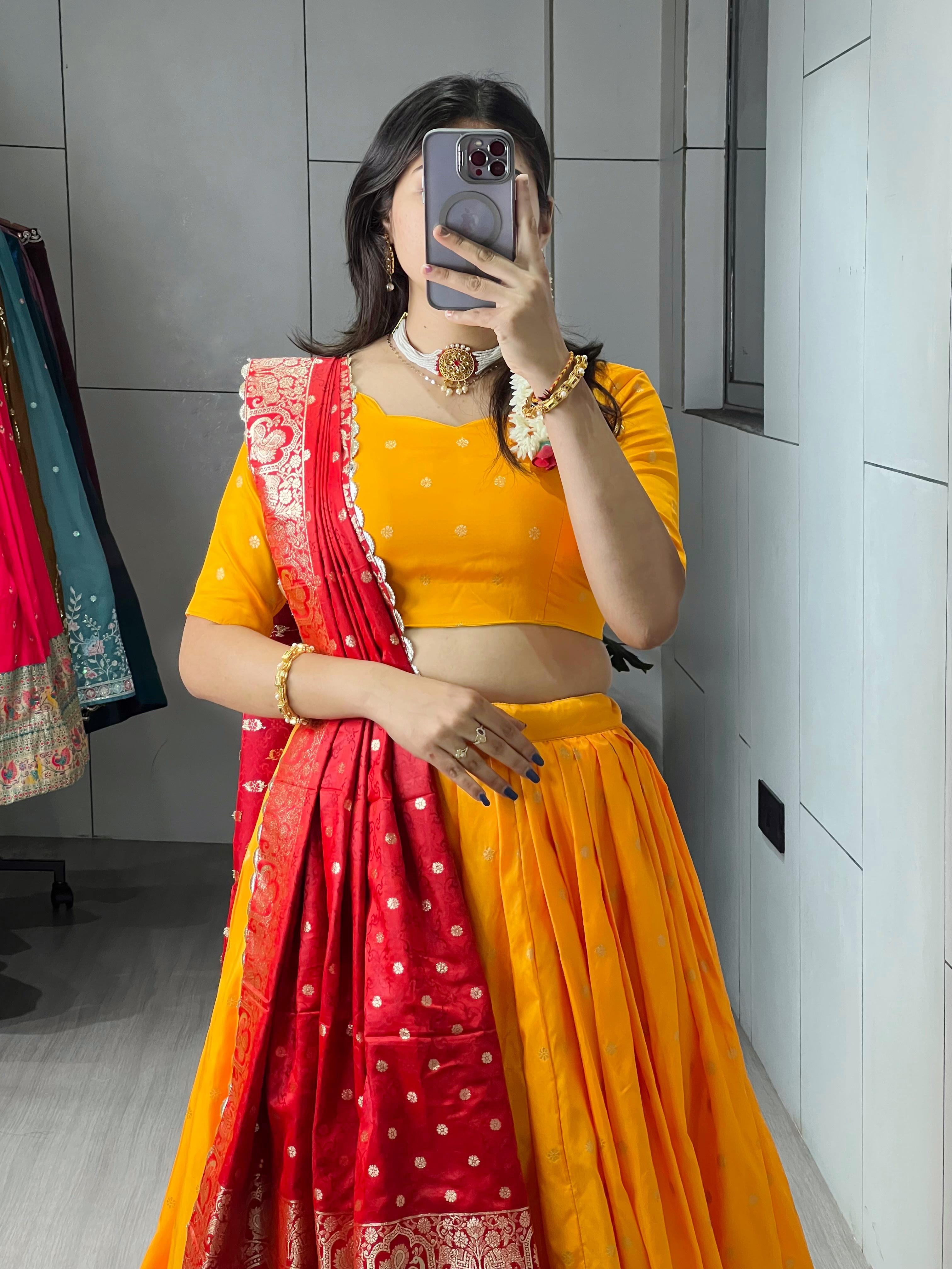 Golden Pure Soft Paithani Silk Zari Weaving Work Paithani Chaniya Choli 