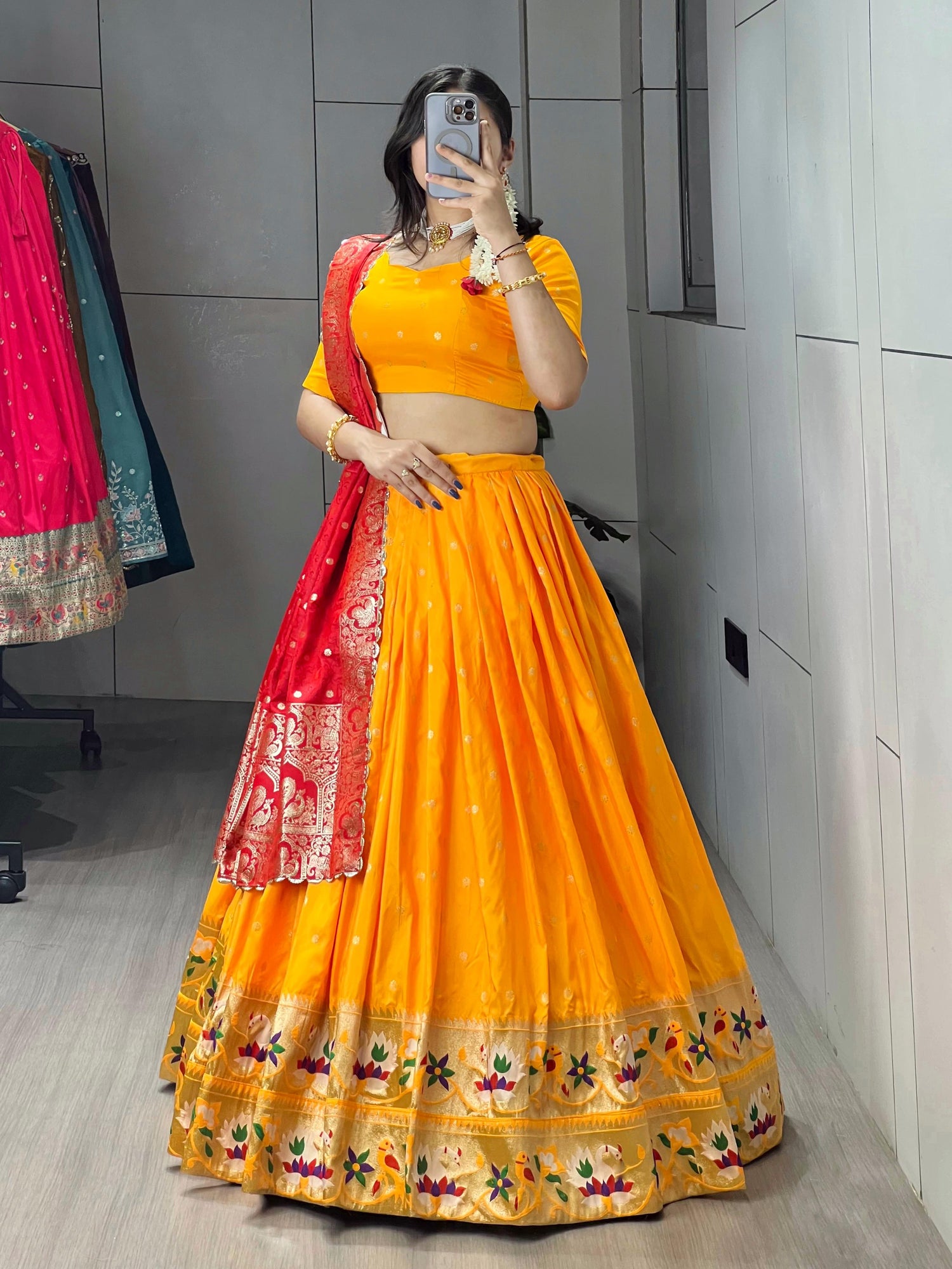 Golden Pure Soft Paithani Silk Zari Weaving Work Paithani Chaniya Choli 