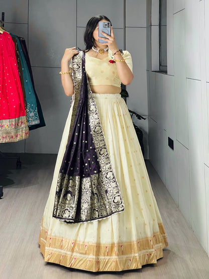 Cream Purple Pure Soft Paithani Silk Zari Weaving Work Paithani Chaniya Choli 