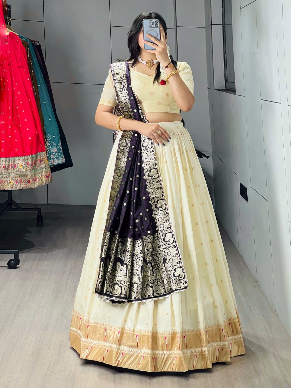 Cream Purple Pure Soft Paithani Silk Zari Weaving Work Paithani Chaniya Choli 