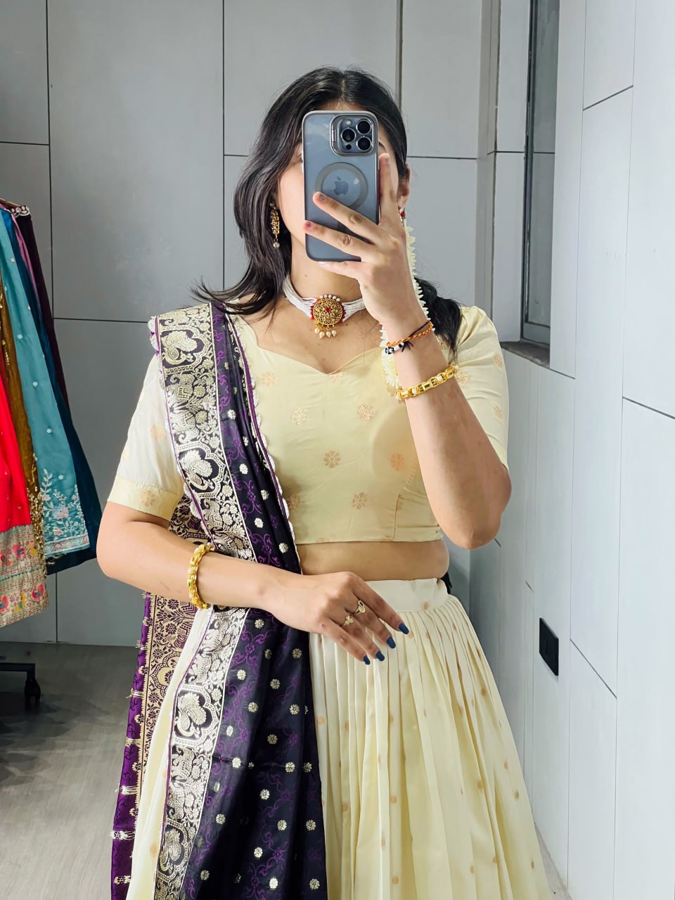 Cream Purple Pure Soft Paithani Silk Zari Weaving Work Paithani Chaniya Choli 