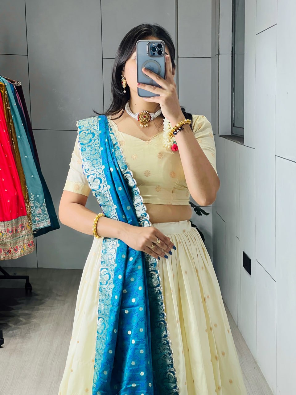Cream Firozi Pure Soft Paithani Silk Zari Weaving Work Paithani Chaniya Choli 