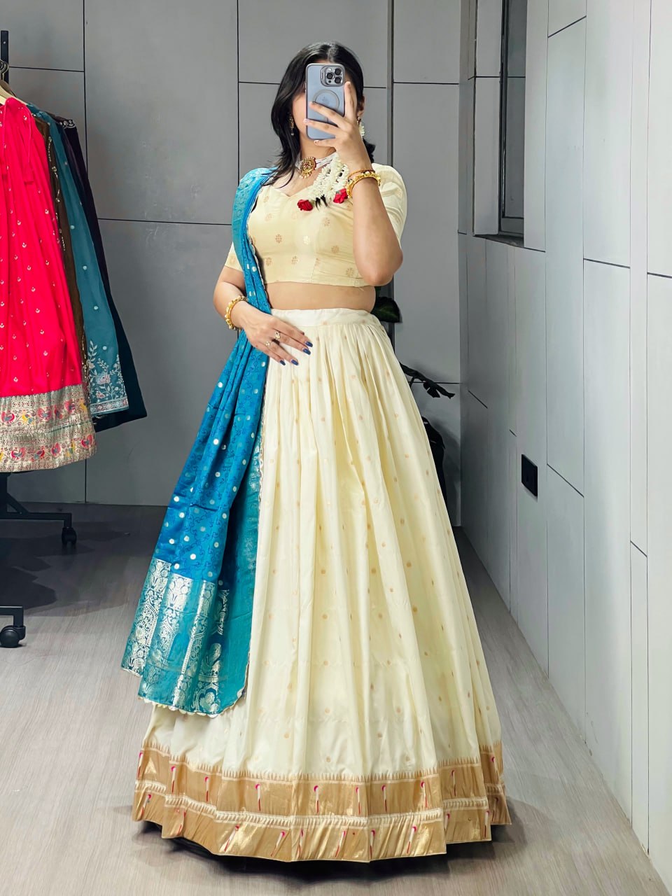 Cream Firozi Pure Soft Paithani Silk Zari Weaving Work Paithani Chaniya Choli 