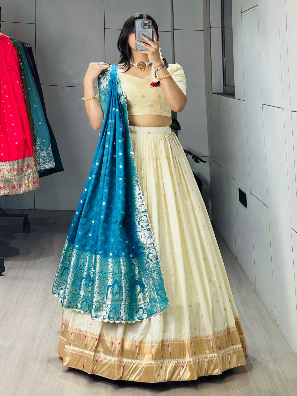 Cream Firozi Pure Soft Paithani Silk Zari Weaving Work Paithani Chaniya Choli 
