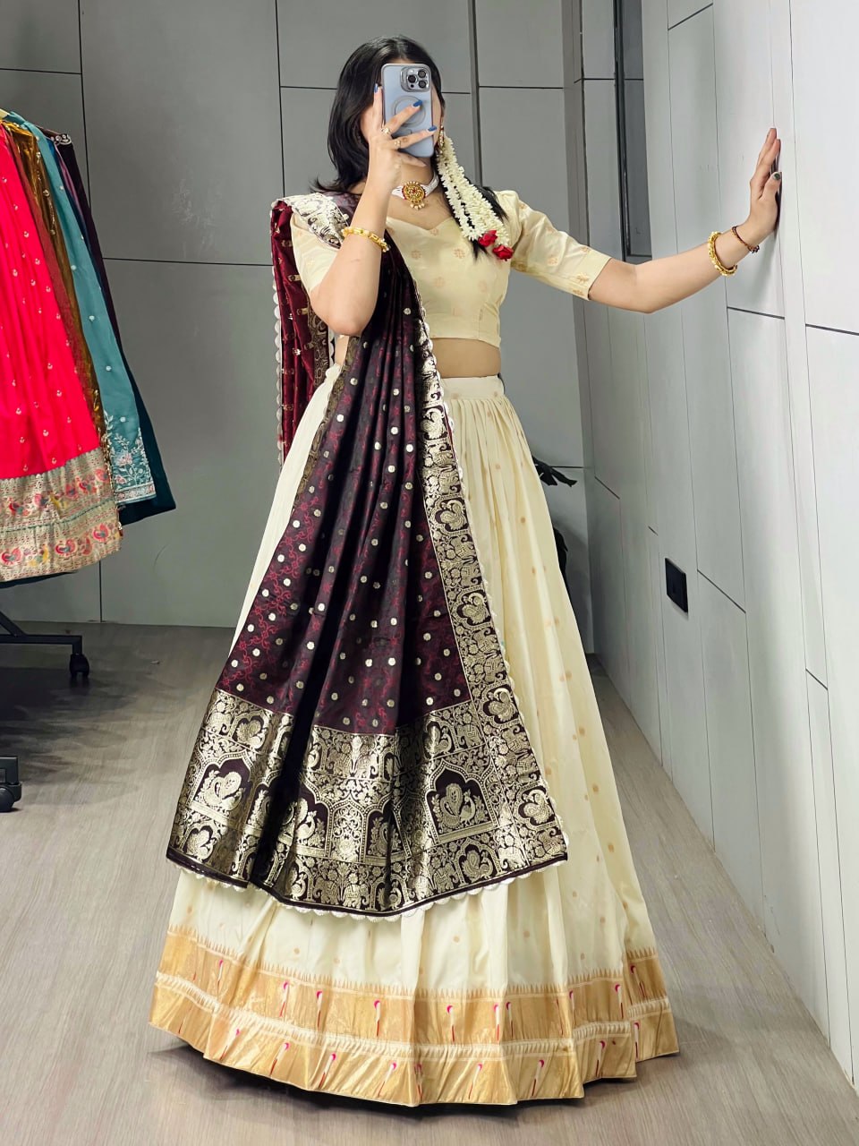 Cream Wine Pure Soft Paithani Silk Zari Weaving Work Paithani Chaniya Choli 