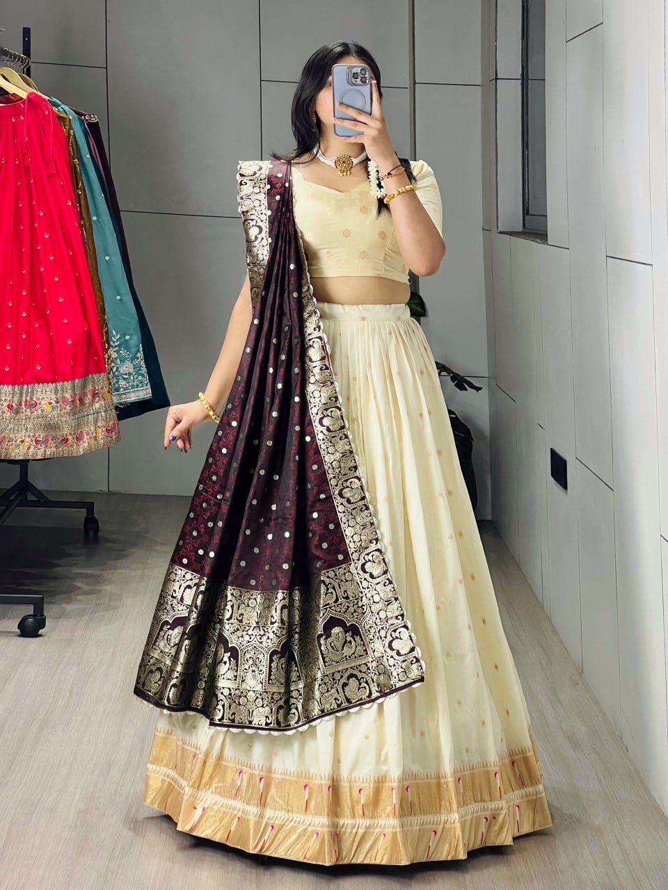 Cream Wine Pure Soft Paithani Silk Zari Weaving Work Paithani Chaniya Choli 