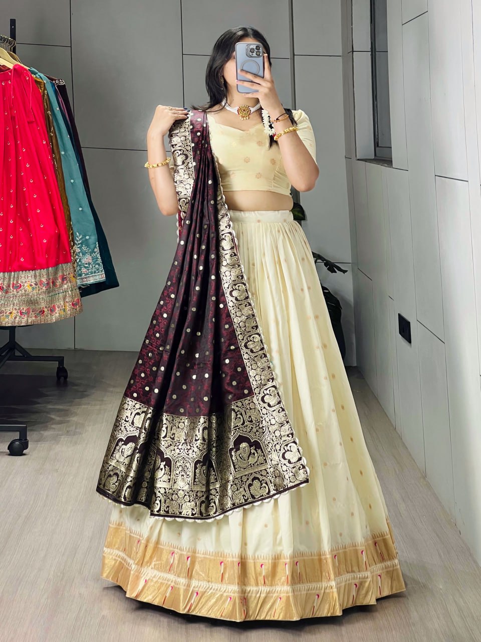 Cream Wine Pure Soft Paithani Silk Zari Weaving Work Paithani Chaniya Choli 