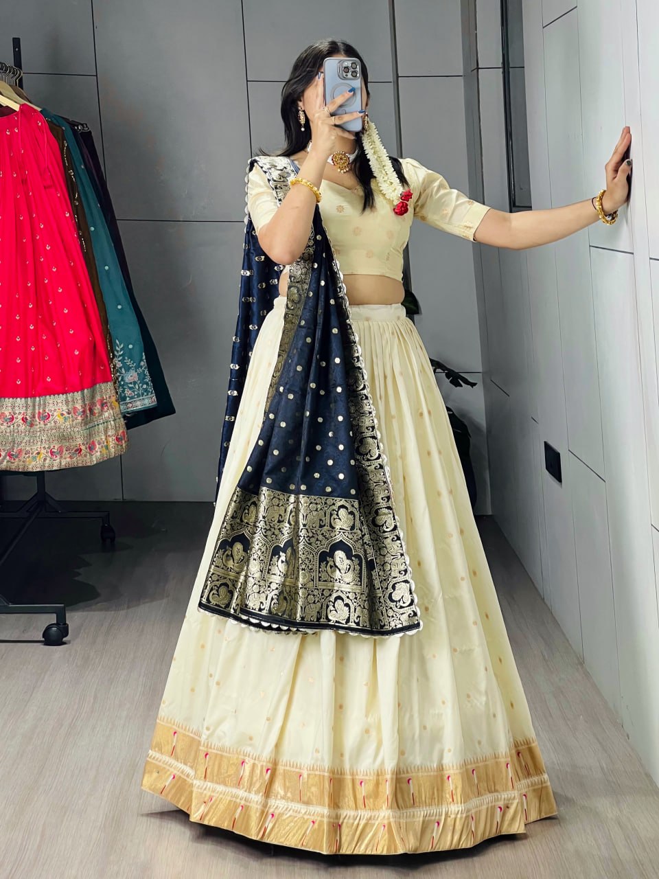 Cream Blue Pure Soft Paithani Silk Zari Weaving Work Paithani Chaniya Choli 