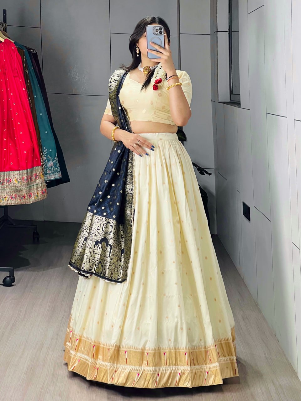Cream Blue Pure Soft Paithani Silk Zari Weaving Work Paithani Chaniya Choli 