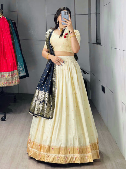Cream Blue Pure Soft Paithani Silk Zari Weaving Work Paithani Chaniya Choli 