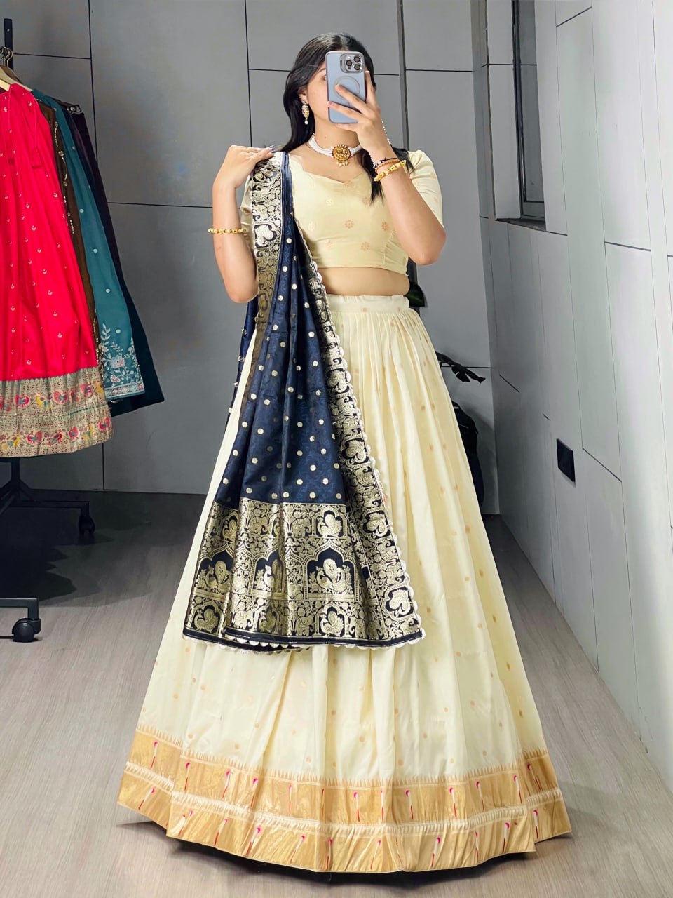 Cream Blue Pure Soft Paithani Silk Zari Weaving Work Paithani Chaniya Choli 