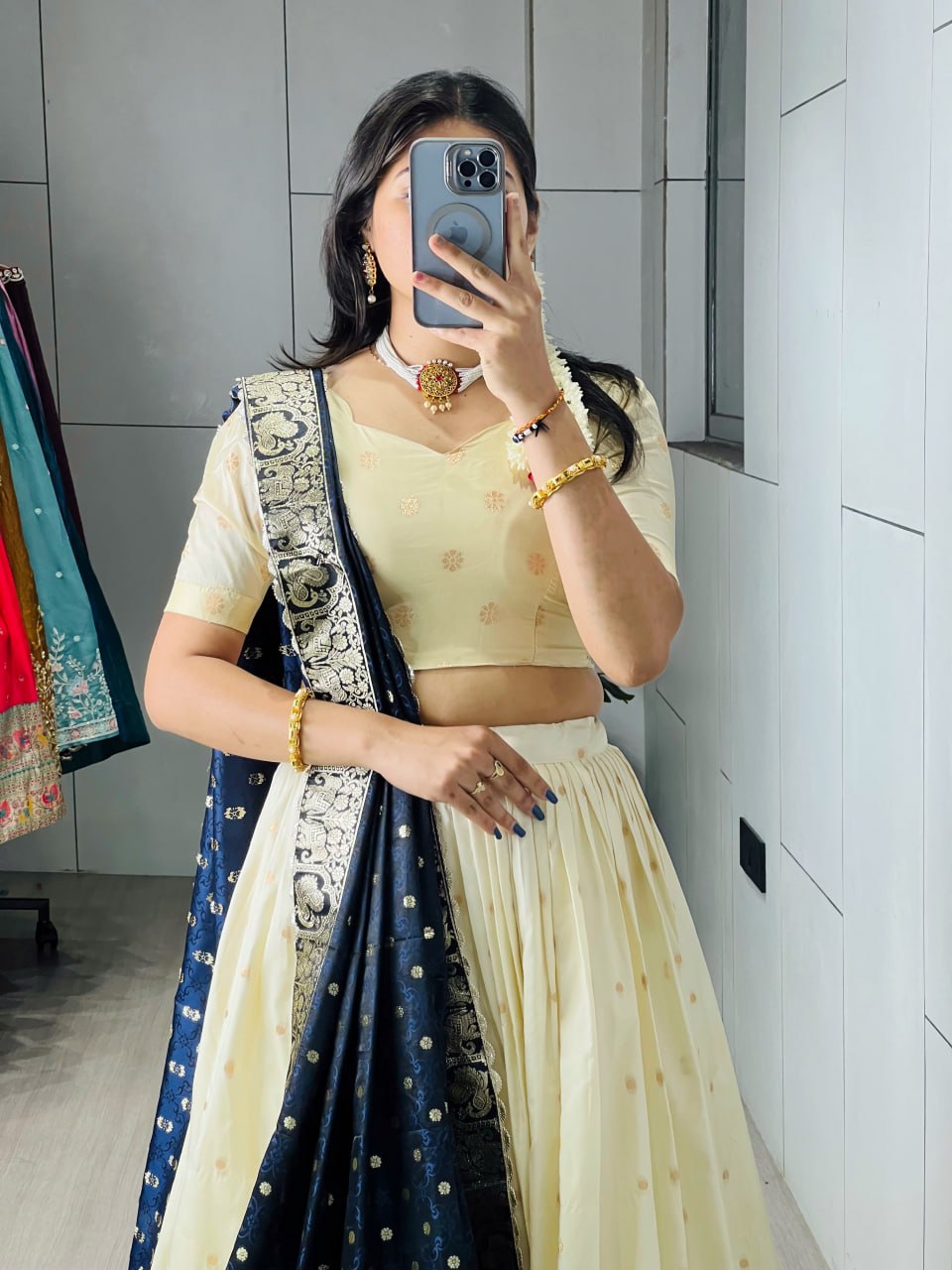 Cream Blue Pure Soft Paithani Silk Zari Weaving Work Paithani Chaniya Choli 