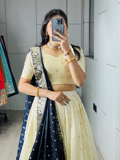 Cream Blue Pure Soft Paithani Silk Zari Weaving Work Paithani Chaniya Choli 