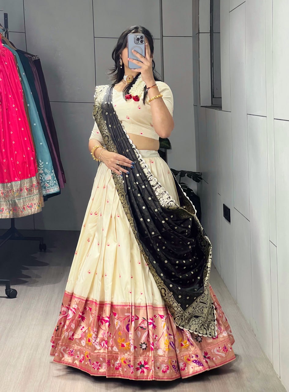 Cream Black Pure Soft Paithani Silk Zari Weaving Work Paithani Chaniya Choli 