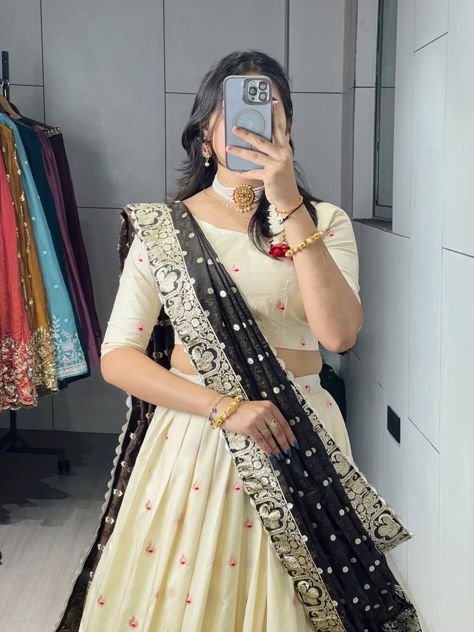 Cream Black Pure Soft Paithani Silk Zari Weaving Work Paithani Chaniya Choli 