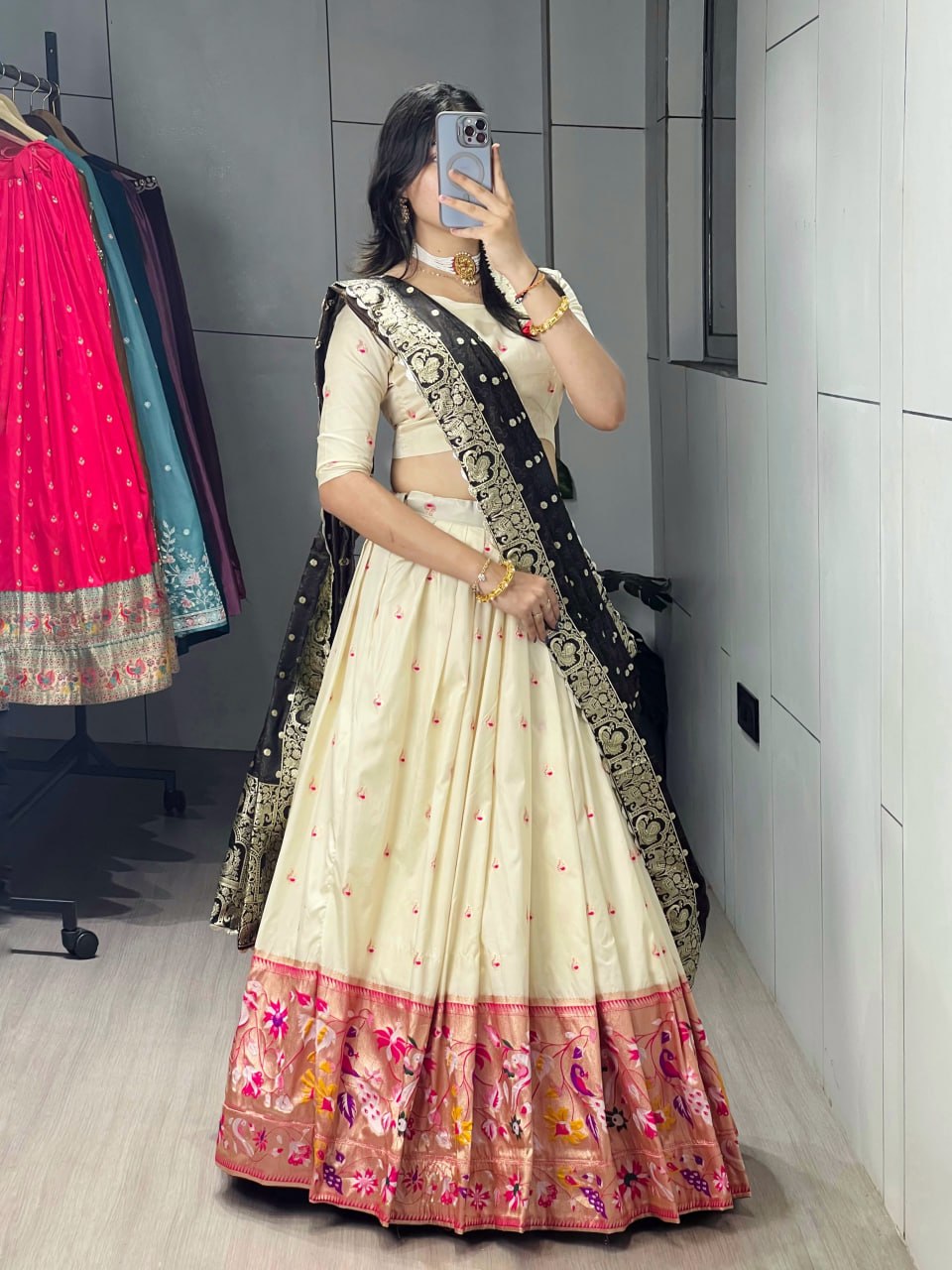 Cream Black Pure Soft Paithani Silk Zari Weaving Work Paithani Chaniya Choli 