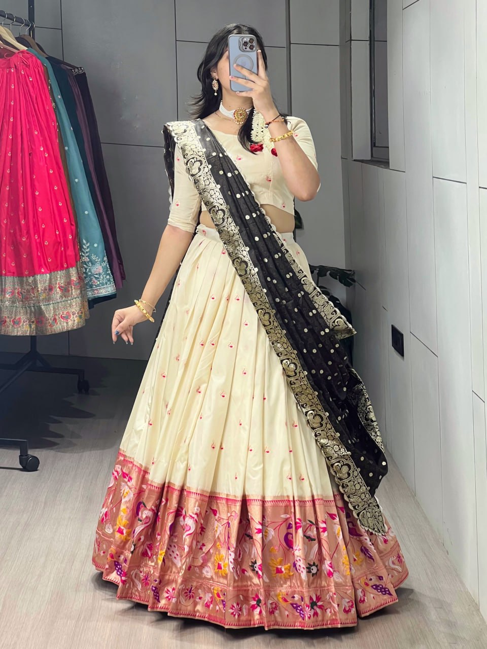 Cream Black Pure Soft Paithani Silk Zari Weaving Work Paithani Chaniya Choli 