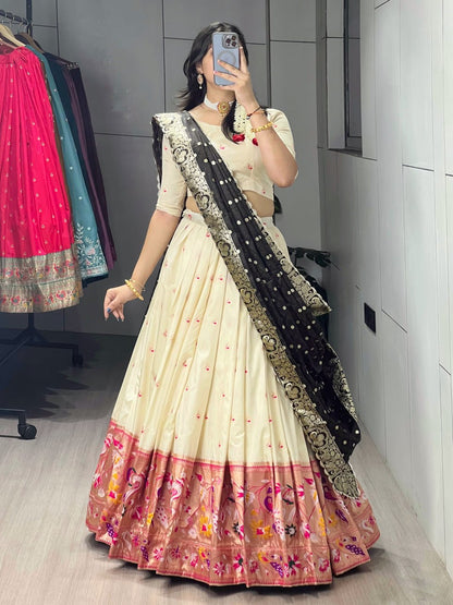 Cream Black Pure Soft Paithani Silk Zari Weaving Work Paithani Chaniya Choli 
