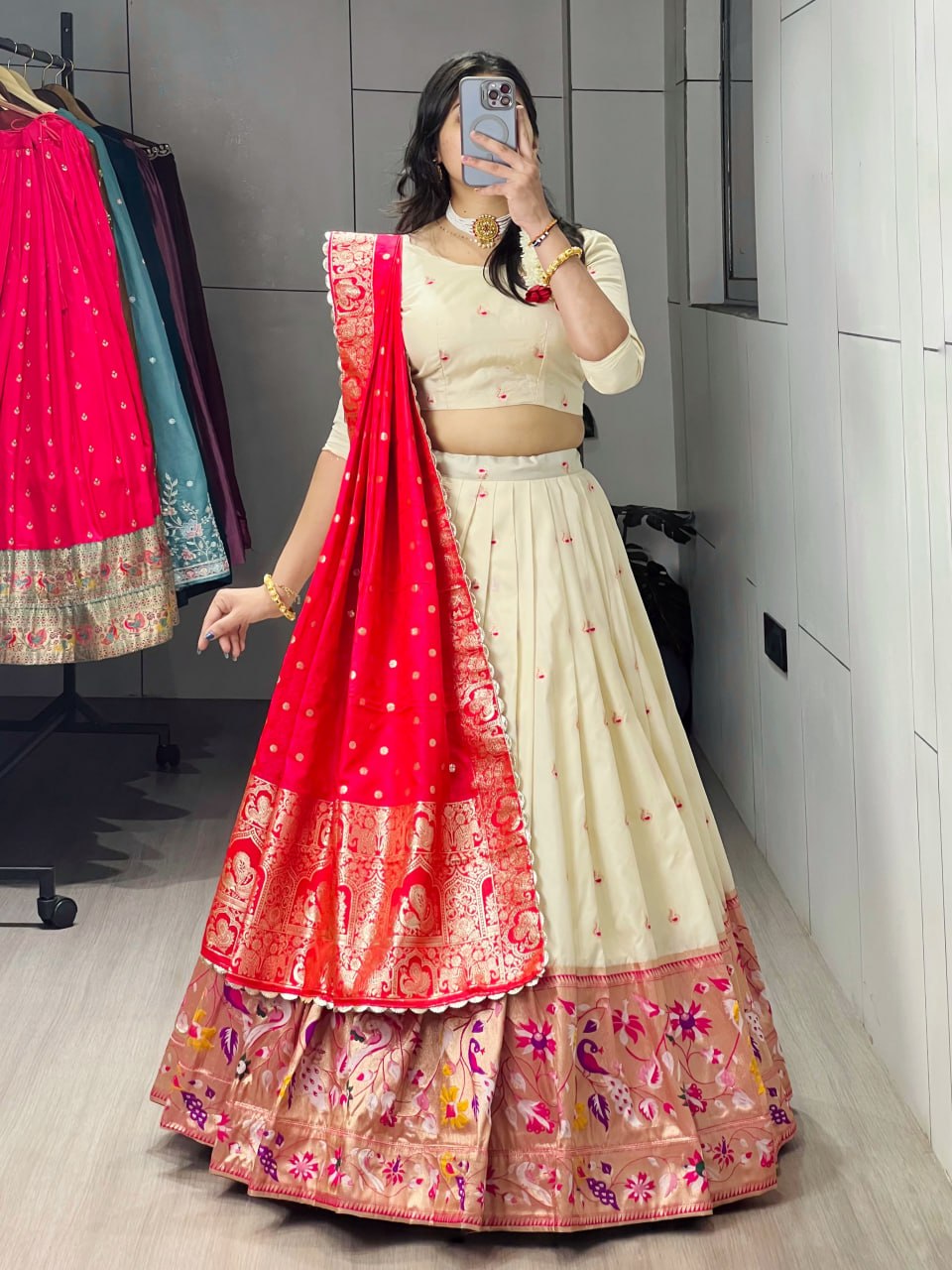 Cream Red Pure Soft Paithani Silk Zari Weaving Work Paithani Chaniya Choli 