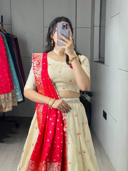 Cream Red Pure Soft Paithani Silk Zari Weaving Work Paithani Chaniya Choli 