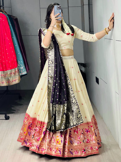 Cream Purple Pure Soft Paithani Silk Zari Weaving Work Paithani Chaniya Choli 