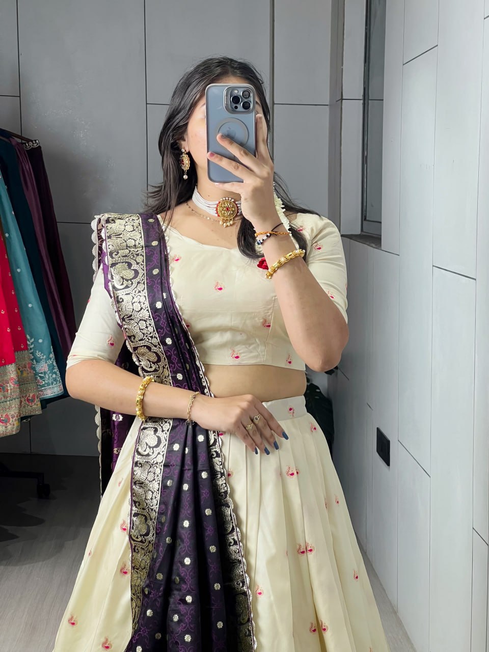 Cream Purple Pure Soft Paithani Silk Zari Weaving Work Paithani Chaniya Choli 