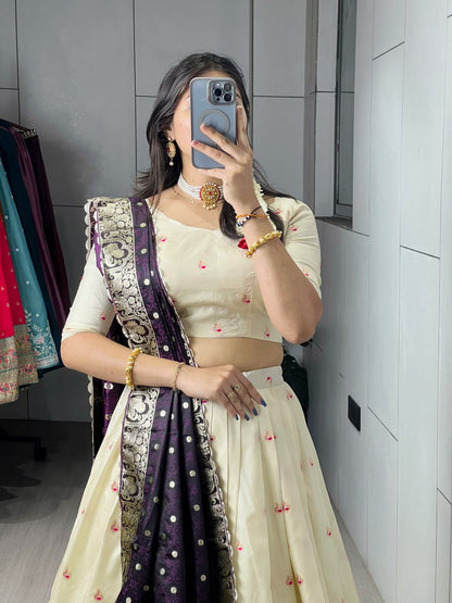 Cream Purple Pure Soft Paithani Silk Zari Weaving Work Paithani Chaniya Choli 