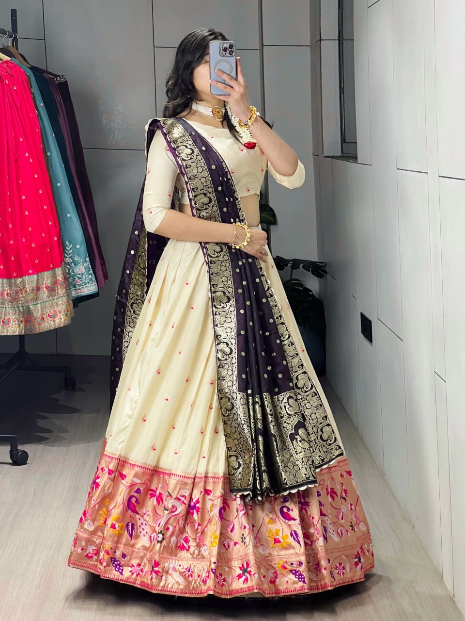 Cream Purple Pure Soft Paithani Silk Zari Weaving Work Paithani Chaniya Choli 